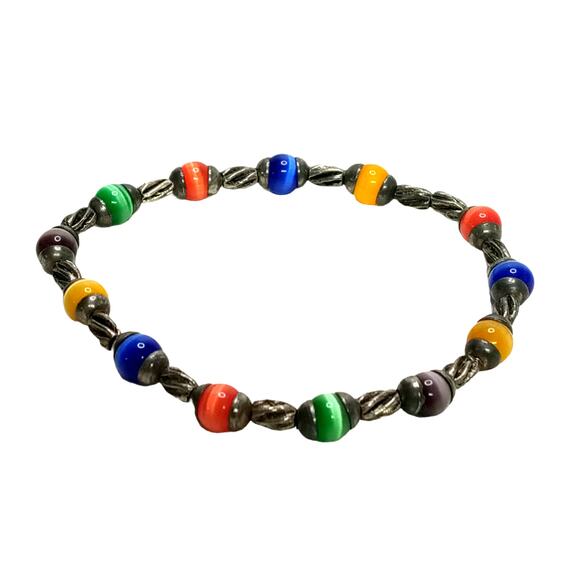 🌈 VTG Cats Eye Stretch Bracelet | Multicolor Fiber Optic Beads Silver Tone - Picture 1 of 12